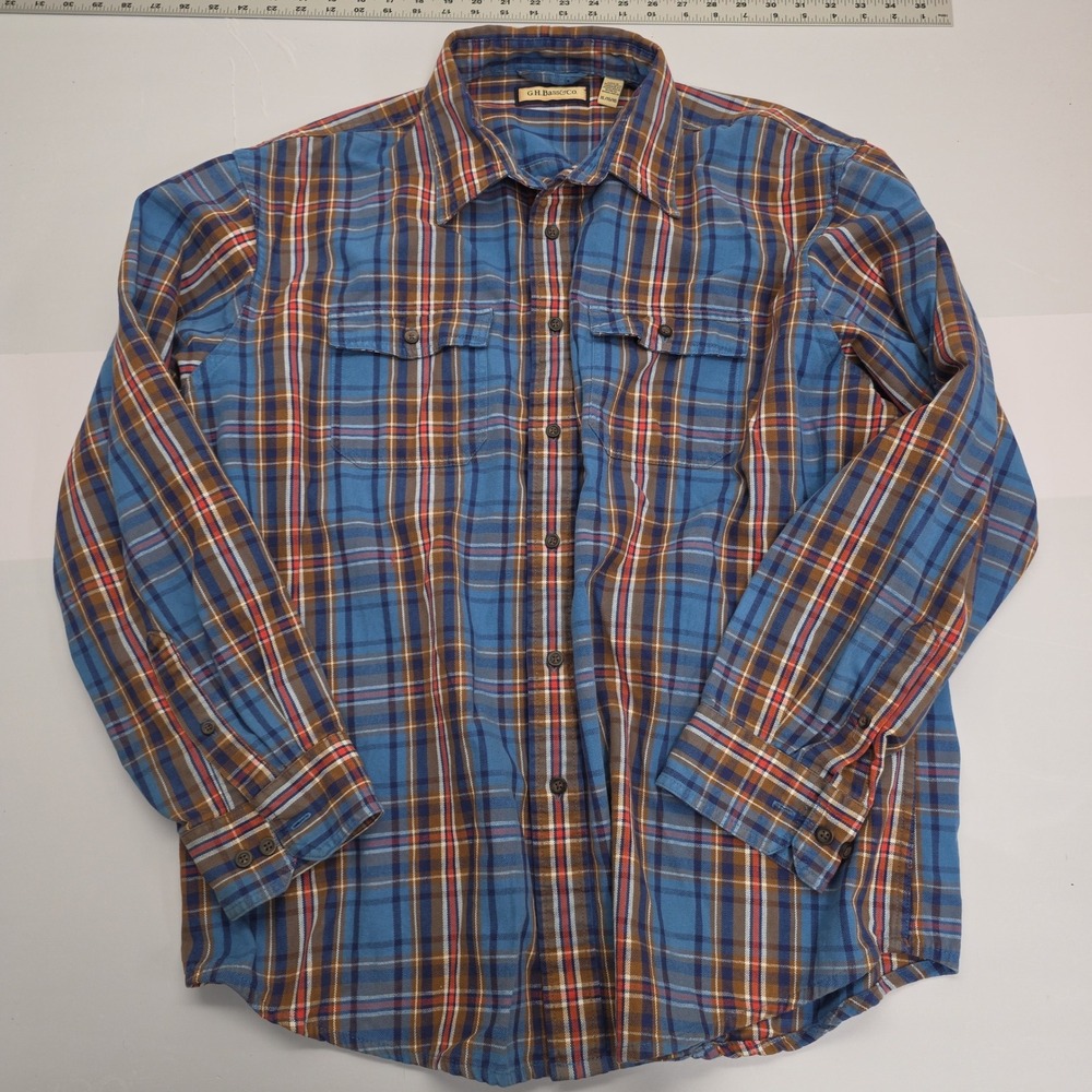 GH Bass & Co Mens XL Plaid Button Down Shirt Blue Brown Long Sleeve 5276525